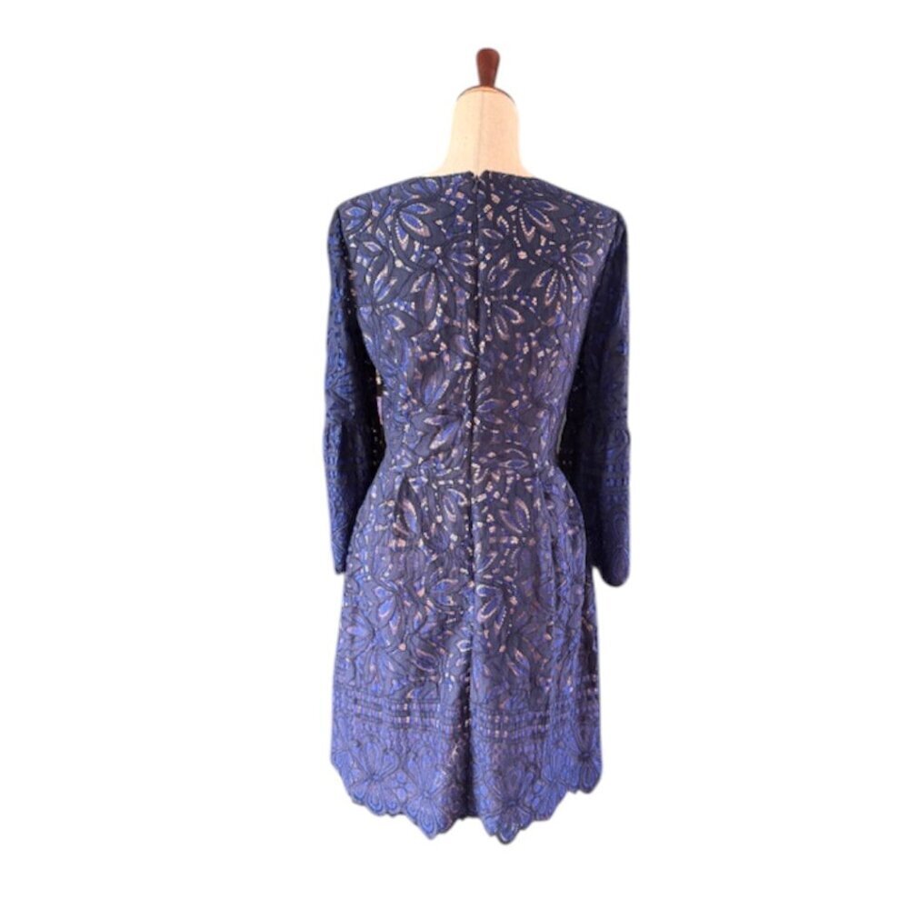 ELIZA J Reverie Navy Blue Nude Lined Lace Dress Bell Sleeves Fit Flare Size 8 - Picture 12 of 16